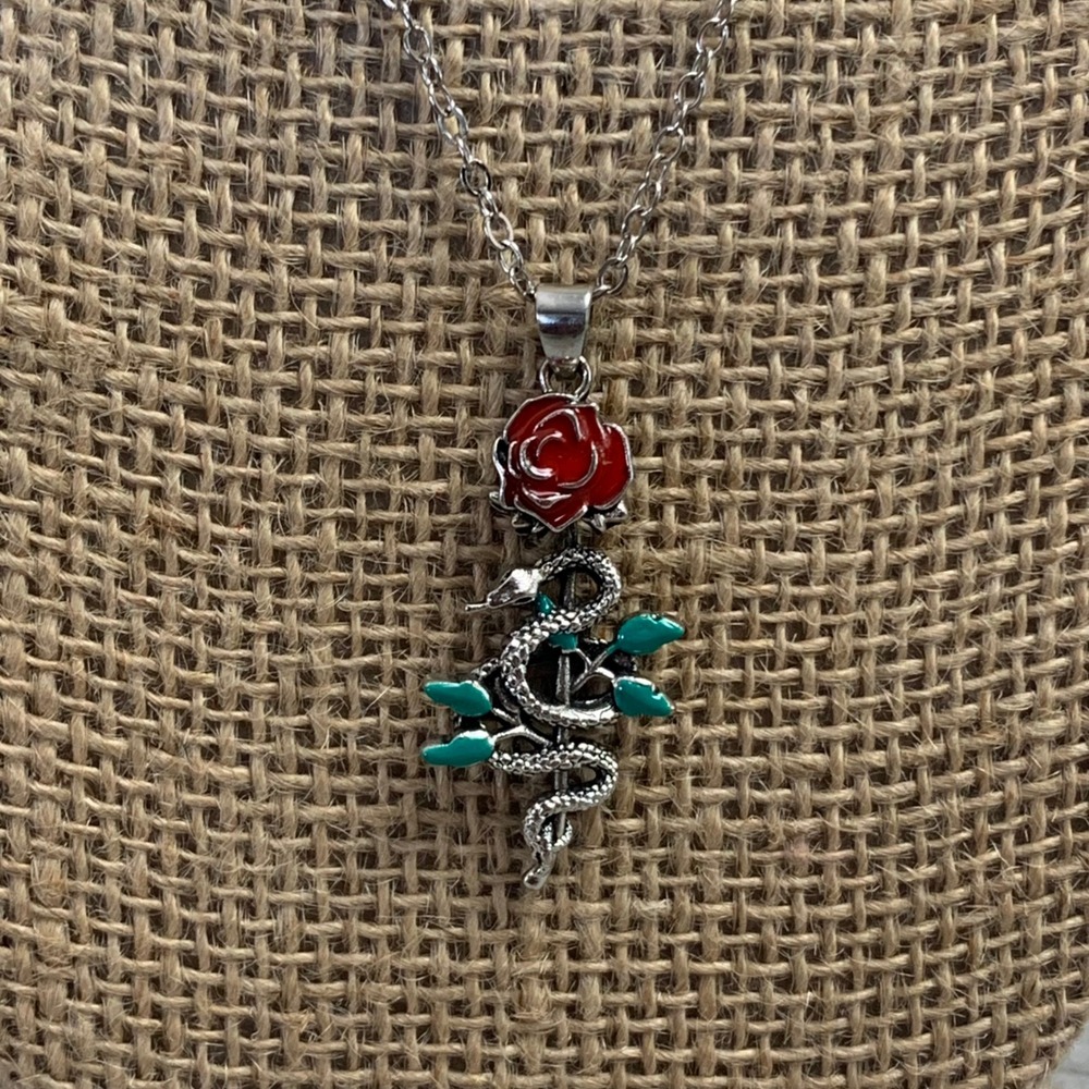Silver Tone Snake and Red Rose Pendant Necklace 16 Inch Chain Gothic Edgy Style